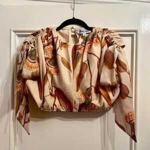 Andrea Iyamah Floral Puff Sleeve Top - Cream and Brown Medium